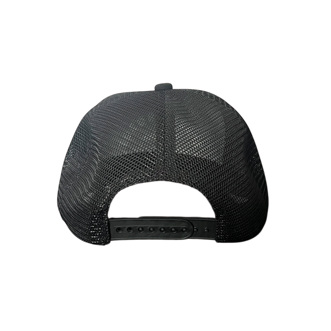 Urban Cowboy Co. black mesh snapback hat seen from the back with adjustable plastic strap
