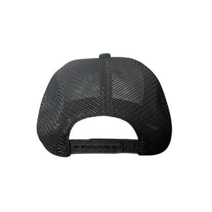 Urban Cowboy Co. black mesh snapback hat seen from the back with adjustable plastic strap