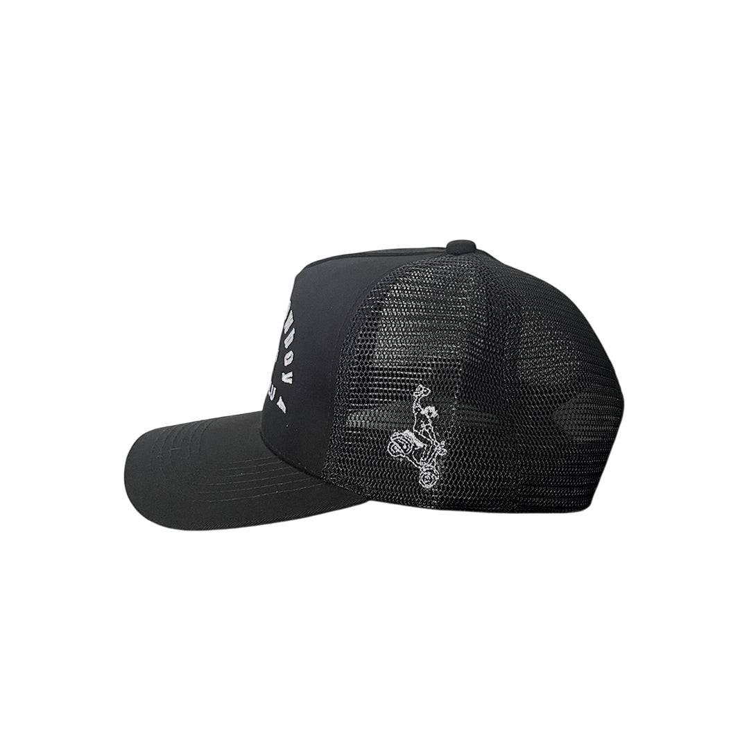 Urban Cowboy Co. The Outlaw black snapback hat with cotton twill front, breathable mesh back, and white embroidery.