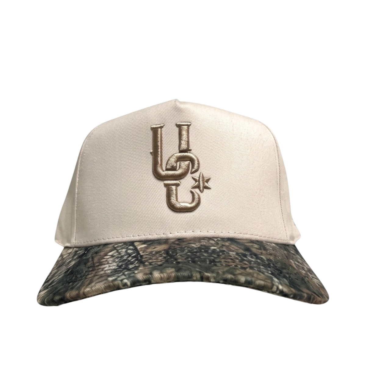 Urban Cowboy Co. The Scout snapback with a beige cotton twill crown, camo brim, and tonal embroidered front logo.